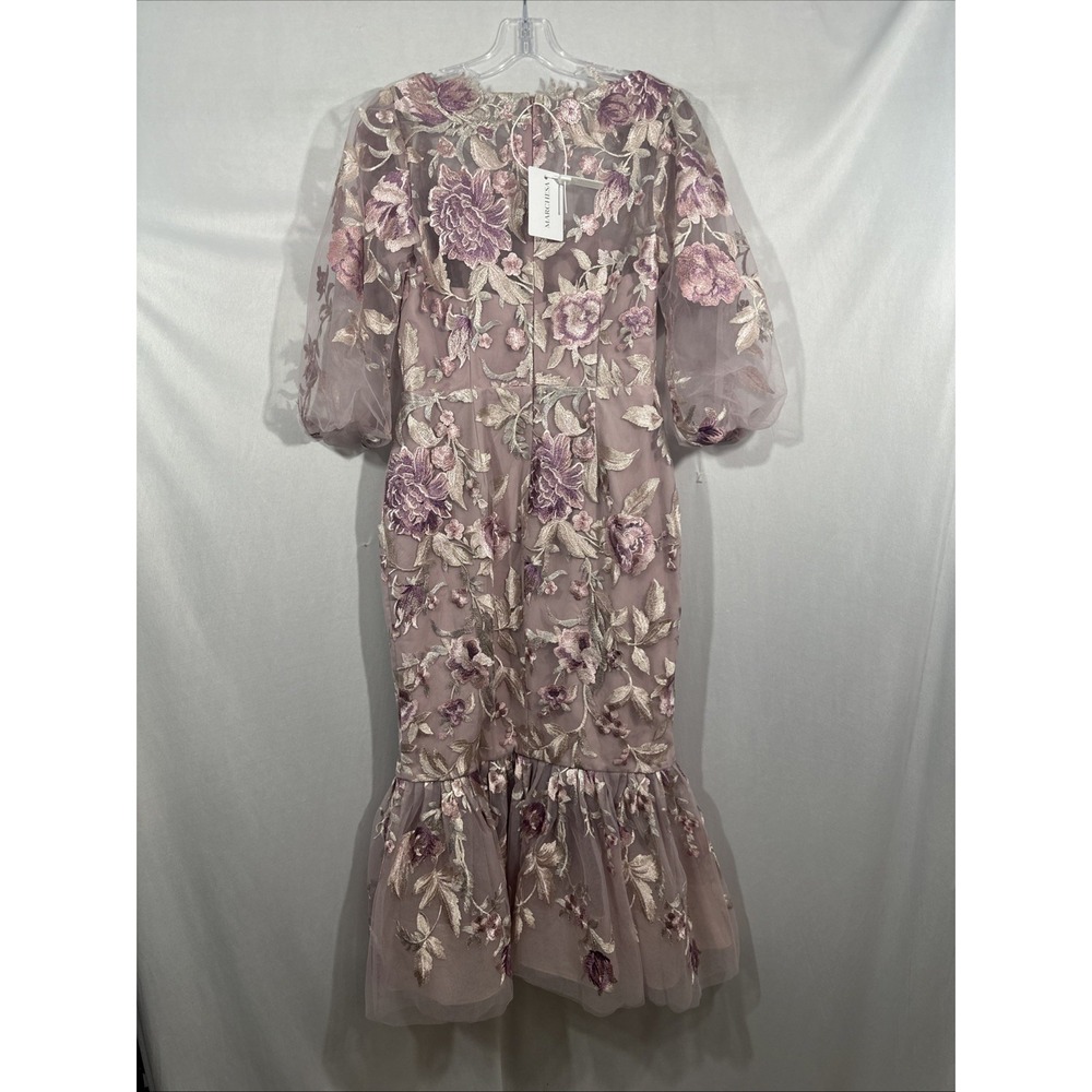 NEW $795 Marchesa Notte [ 6 ] Embroidered Puff Sleeve Midi Dress Rose Pink J2151 - Picture 12 of 15